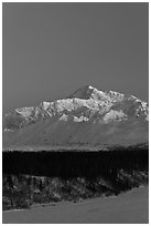 Mt McKinley under clear winter sky at sunrise. Denali National Park, Alaska, USA. (black and white)