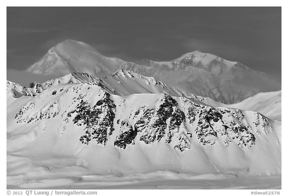 Mt McKinley rises above Alaska range in winter. Denali National Park (black and white)