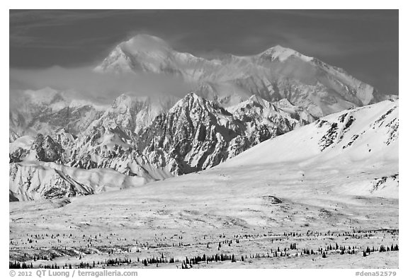 Mt McKinley South and North peaks in winter. Denali National Park (black and white)