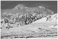 Mt McKinley South and North peaks in winter. Denali National Park, Alaska, USA. (black and white)