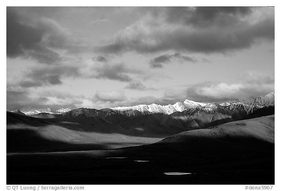 Alaska Range and clouds from Polychrome Pass, evening. Denali National Park (black and white)