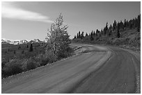 Unpaved section of park road and Alaska Range. Denali National Park ( black and white)