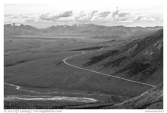Savage River and park road from above. Denali National Park (black and white)