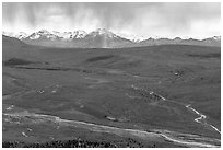 Savage River, tundra in autum color, and Alaska Range with rain. Denali National Park ( black and white)