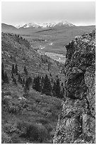 Rock outcrop, Savage River, and Alaska Range. Denali National Park ( black and white)