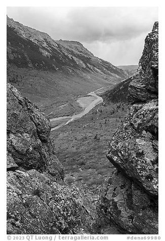 Savage River Valley through opening between rocks. Denali National Park (black and white)