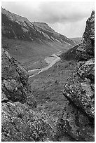 Savage River Valley through opening between rocks. Denali National Park ( black and white)