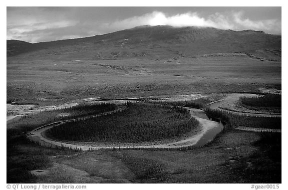 Aerial view of meandering river and mountains. Gates of the Arctic National Park (black and white)