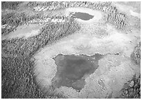 Aerial view of lake, tundra and taiga. Gates of the Arctic National Park, Alaska, USA. (black and white)