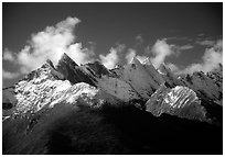Aerial view of snowy Arrigetch peaks. Gates of the Arctic National Park, Alaska, USA. (black and white)