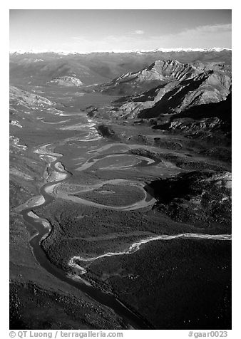 Aerial view of meanders of Alatna river and valley. Gates of the Arctic National Park (black and white)