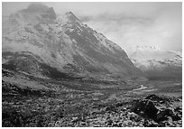 Fresh snow near Arrigetch Peaks. Gates of the Arctic National Park, Alaska, USA. (black and white)