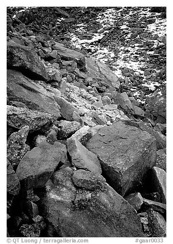 Lichen covered rocks at the base of Arrigetch Peaks. Gates of the Arctic National Park, Alaska, USA.