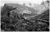 Backpackers on boulder fields in Aquarius Valley. Gates of the Arctic National Park, Alaska (black and white)