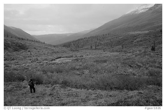 Backpacker in Arrigetch Valley. Gates of the Arctic National Park, Alaska