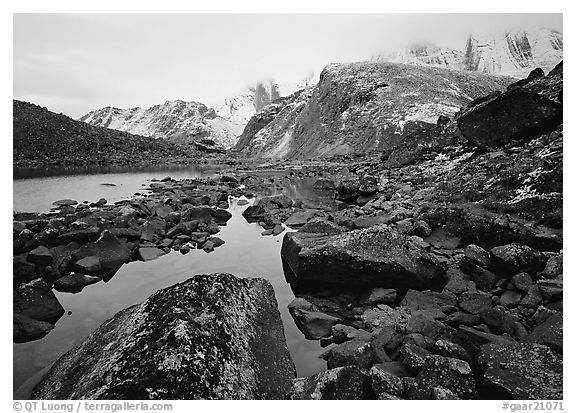Arrigetch peaks above pond in Aquarius Valley. Gates of the Arctic National Park (black and white)