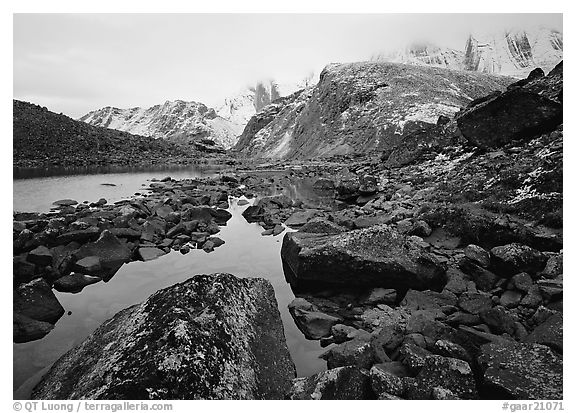 Arrigetch peaks above pond in Aquarius Valley. Gates of the Arctic National Park (black and white)