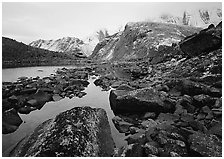 Arrigetch peaks above pond in Aquarius Valley. Gates of the Arctic National Park, Alaska, USA. (black and white)