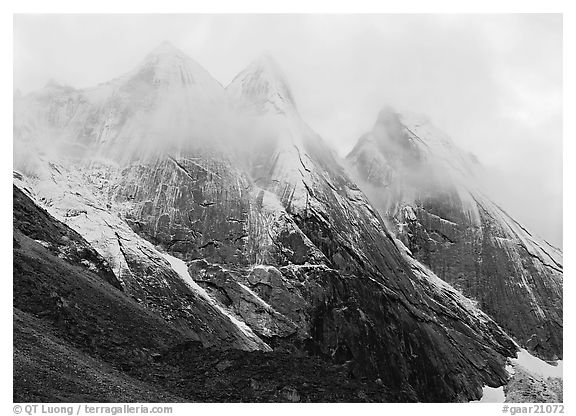 The Maidens with fresh show and a thin veil of clouds. Gates of the Arctic National Park (black and white)
