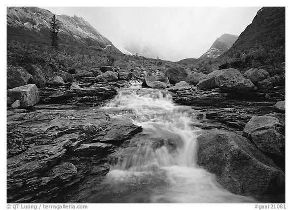 Stream and Arrigetch Peaks. Gates of the Arctic National Park (black and white)
