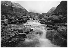 Stream and Arrigetch Peaks. Gates of the Arctic National Park, Alaska, USA. (black and white)