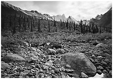 Arrigetch Creek and Peaks. Gates of the Arctic National Park, Alaska, USA. (black and white)