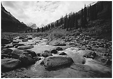 River flowing over boulders, Arrigetch Creek. Gates of the Arctic National Park, Alaska, USA. (black and white)