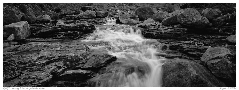 Stream, granite slabs, and boulders. Gates of the Arctic National Park (black and white)