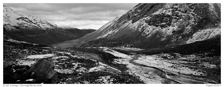 Brooks range stormy scenery with fresh snow. Gates of the Arctic National Park (black and white)