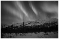 Colorful aurora curtains over Brooks Range. Gates of the Arctic National Park, Alaska, USA. (black and white)