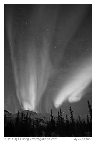 Northern lights over Brooks Range mountains. Gates of the Arctic National Park (black and white)