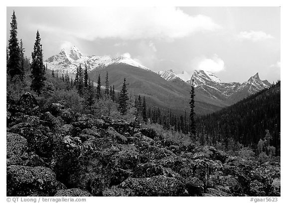 Arrigetch Peaks from boulder field in Arrigetch Creek. Gates of the Arctic National Park (black and white)
