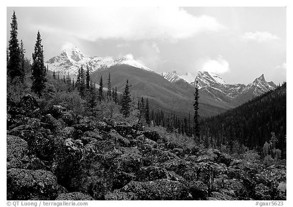 Arrigetch Peaks from boulder field in Arrigetch Creek. Gates of the Arctic National Park, Alaska, USA.