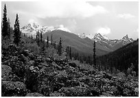 Arrigetch Peaks from boulder field in Arrigetch Creek. Gates of the Arctic National Park, Alaska, USA. (black and white)