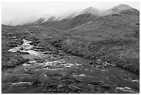 Creek flowing below peaks with fresh snow. Gates of the Arctic National Park ( black and white)