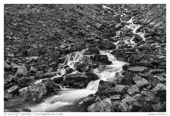 Stream cascading through rocks. Gates of the Arctic National Park (black and white)