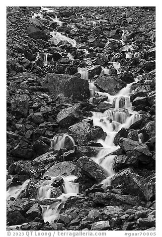 Stream cascading steeply. Gates of the Arctic National Park (black and white)