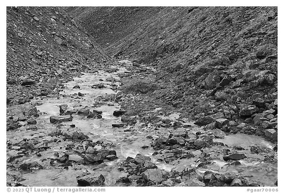 Stream in narrow gorge. Gates of the Arctic National Park (black and white)