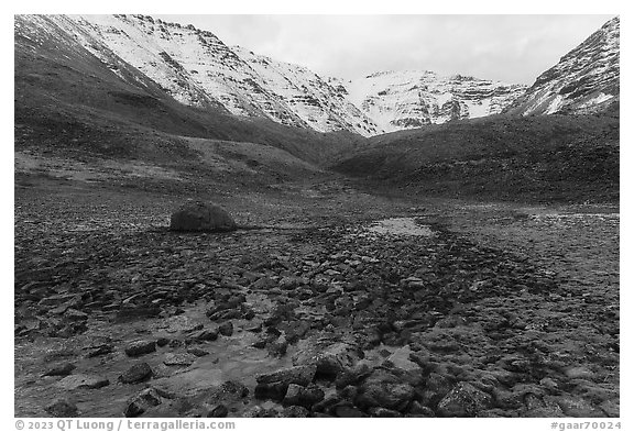 Field of angular rocks alternating with moss and Three River Mountain. Gates of the Arctic National Park (black and white)