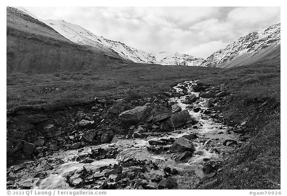 Stream and snowy mountains. Gates of the Arctic National Park, Alaska, USA.