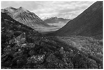 Rocky slope and Kollutuk Mountain in autumn. Gates of the Arctic National Park ( black and white)