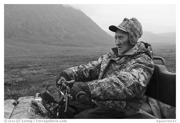 Nunamiut subsistence hunter driving Argo vehicle. Gates of the Arctic National Park (black and white)