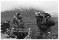 Nunamiut man dropping backpacker. Gates of the Arctic National Park ( black and white)