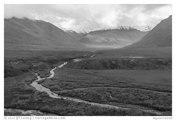 Aerial view of Inukpasugruk Creek. Gates of the Arctic National Park (black and white)