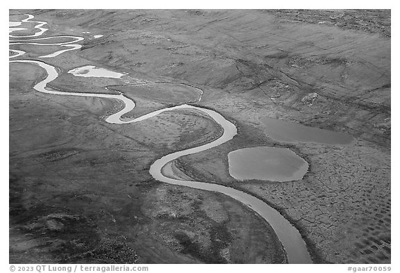 Aerial view of St John River meanders. Gates of the Arctic National Park (black and white)