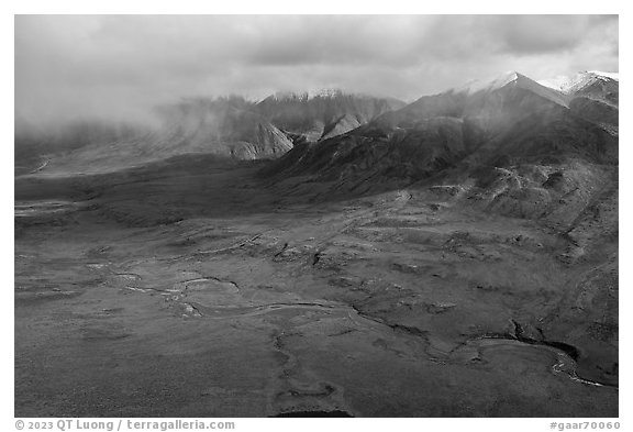 Aerial view of St John River and Fork Peak. Gates of the Arctic National Park (black and white)