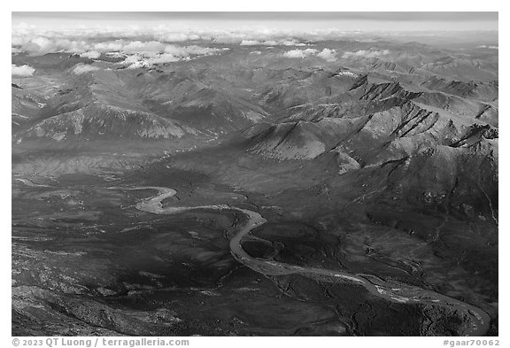 Aerial view of North Fork Koyukuk River in autumn. Gates of the Arctic National Park (black and white)