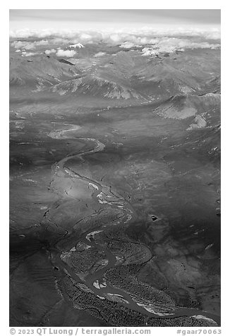 Aerial view of North Fork Koyukuk River. Gates of the Arctic National Park (black and white)