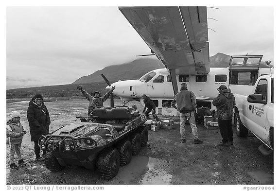 Flight arrival, Anaktuvuk Pass Airport. Gates of the Arctic National Park (black and white)