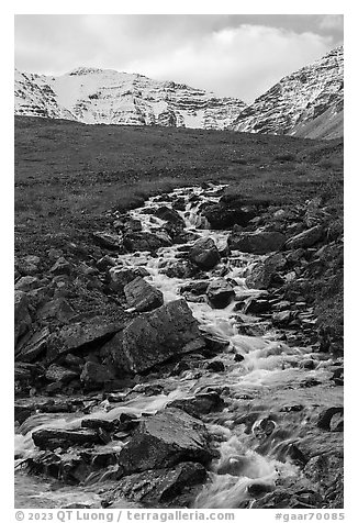 Stream and snowy peaks. Gates of the Arctic National Park (black and white)